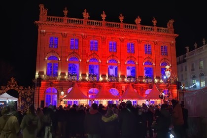 France, Meurthe-et-Moselle, Nancy, place Stanislas (former Place Royale) during the feast of Saint-Nicolas, listed as World Heritage by UNESCO, the Fanfare des Enfants du Boucher (Butcher's Children's Marching Band) plays from the Opera National de Lorraine