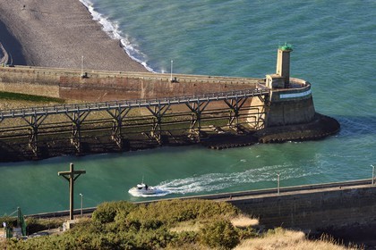 France, Seine Maritime, Pays de Caux, Cote d'Albatre, Fecamp, Pointe Fagnet beacon at the entrance of the harbor and the beach of Fecamp in the background