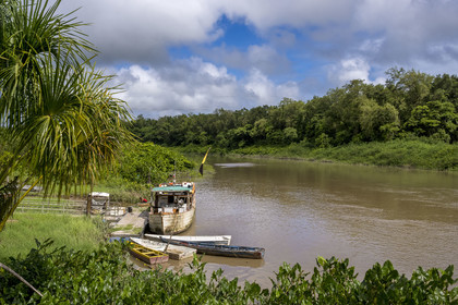 France, French Guiana, Iracoubo, boat transporting goods on the Iracoubo River