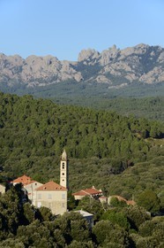 France, Corse du Sud, Alta Rocca, village of Levie and Bavella masssif in the background