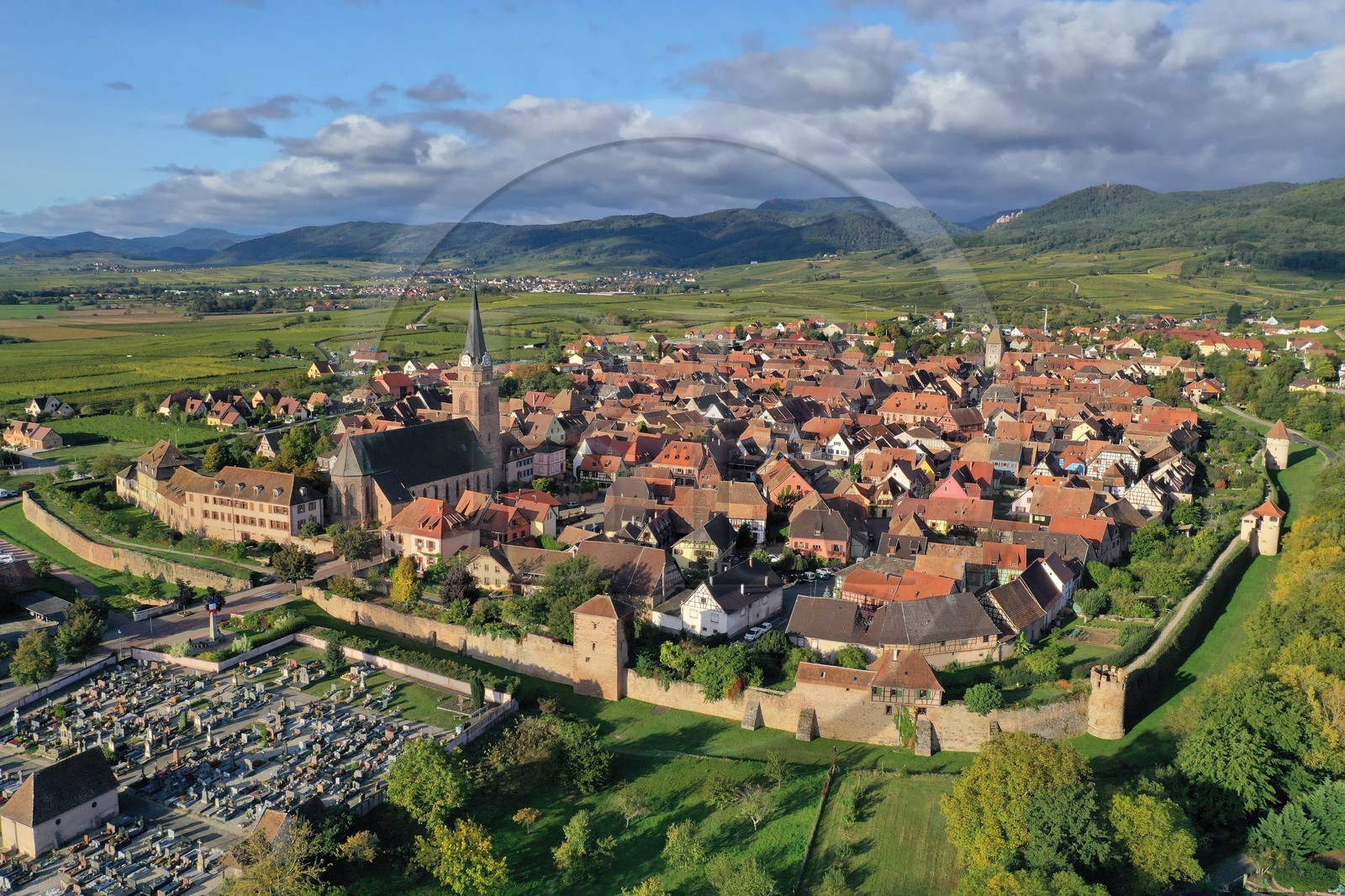 France, Haut-Rhin (68), Route des vins d'Alsace, Bergheim, ancienne cite médiévale fortifiée et le massif des Vosges en arrière plan (vue aérienne)