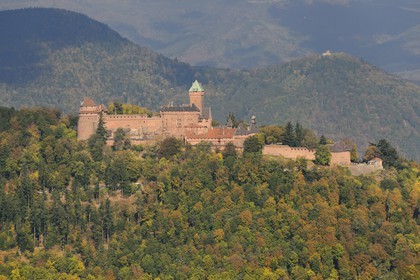 France, Bas Rhin, Orschwiller, Alsace Wine Road, Haut Koenigsbourg Castle in the Vosges forest (aerial view)