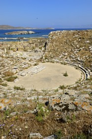 Greece, Cyclades islands, Delos, listed as World Heritage by UNESCO, the archaeological site of Delos, Apollo's Sanctuary, the most ancient city of the Aegean Sea, the Theatre and the quarter of the Theatre