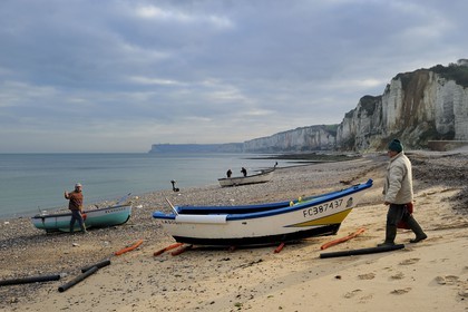 France, Seine-Maritime, Cote d'Albatre, Yport, grounding port on the beach, fishing boats