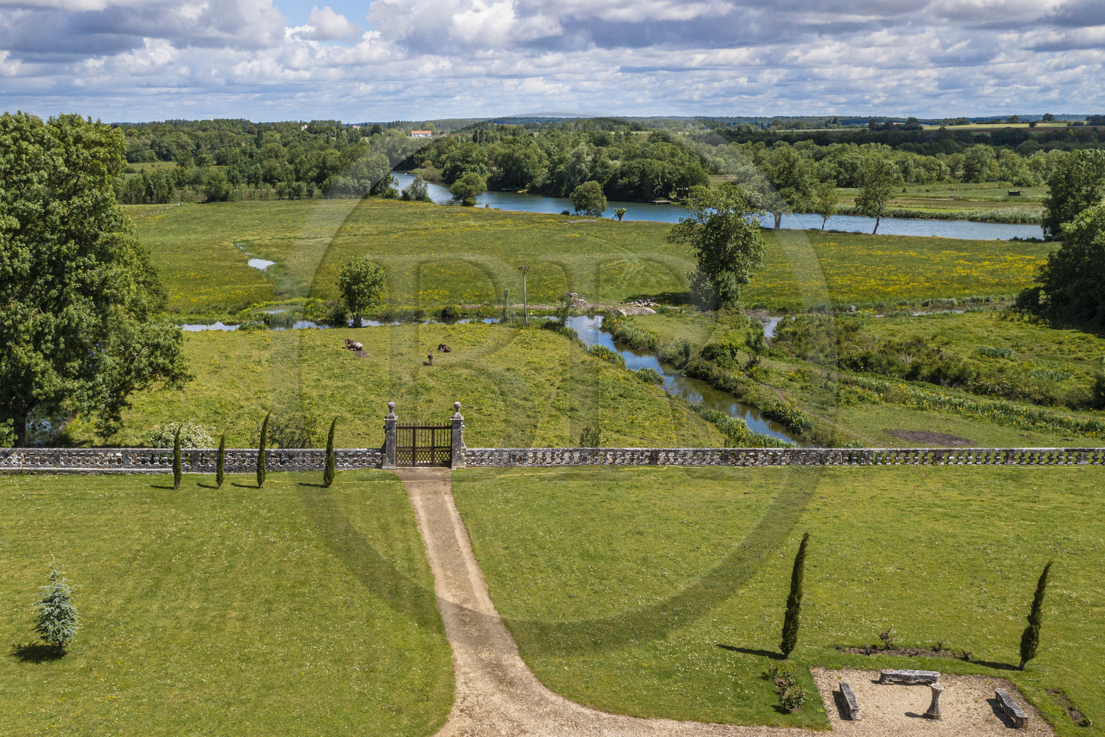 France, Charente-Maritime, Saintonge, Port-d'Envaux, Chateau de Panloy and the Charente river in the background (aerial view)