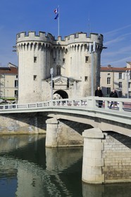 France, Meuse, Verdun, Porte Chaussee, gate of the 15th century, official entry of the city since its construction, defense tower of the great wall that encircled the city in the medieval seen from the Nation Place