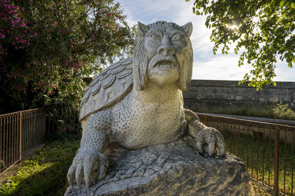 France, Bouches du Rhone, Tarascon, the Tarasque, a monstrous animal from the folklore of Provence that haunts the marshes near Tarascon, destroying everything in its path and terrorizing the population, sculpture by Pascal Demaumont