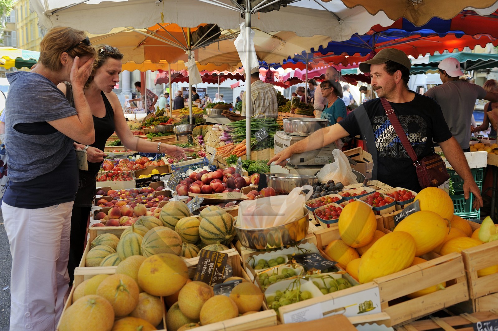 France, Bouches-du-Rhône (13), Aix-en-Provence, marché place de l'Hôtel de ville, étal de fruits et légumes