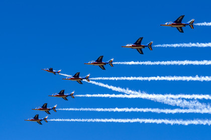 France, Bouches du Rhone, Salon de Provence, air base 701, base of the Patrouille de France (PAF for Patrouille acrobatique de France) of the French Air and Space Force, Alphajet aircraft leave the formation one after the other at the end of the training