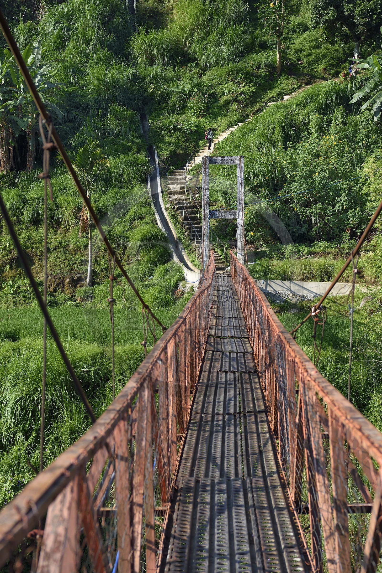 Philippines, province d'Ifugao, ville de Banaue, pont suspendu à la sortie de la ville
