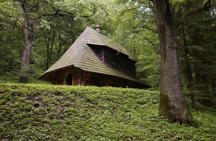 Poland, Sub-Carpathia, ethnographic park of Sanok (ecomuseum), wooden orthodox church of 1750 from the area of Bojkowie, listed as World Heritage by UNESCO