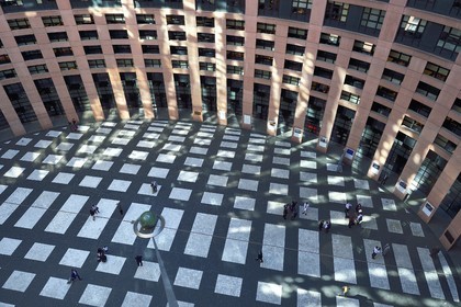 France, Bas Rhin, Strasbourg, European district, the European Parliament, Louise Weiss building, the agora is a monumental place located inside a recessed tower