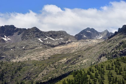 France, Alpes-Maritimes (06), parc national du Mercantour, Vallée de Fontanalbe, avec à droite sa dalle parsemée de milliers de gravures rupestres de l'Age de bronze et à gauche le Mont Bégo (2872m)