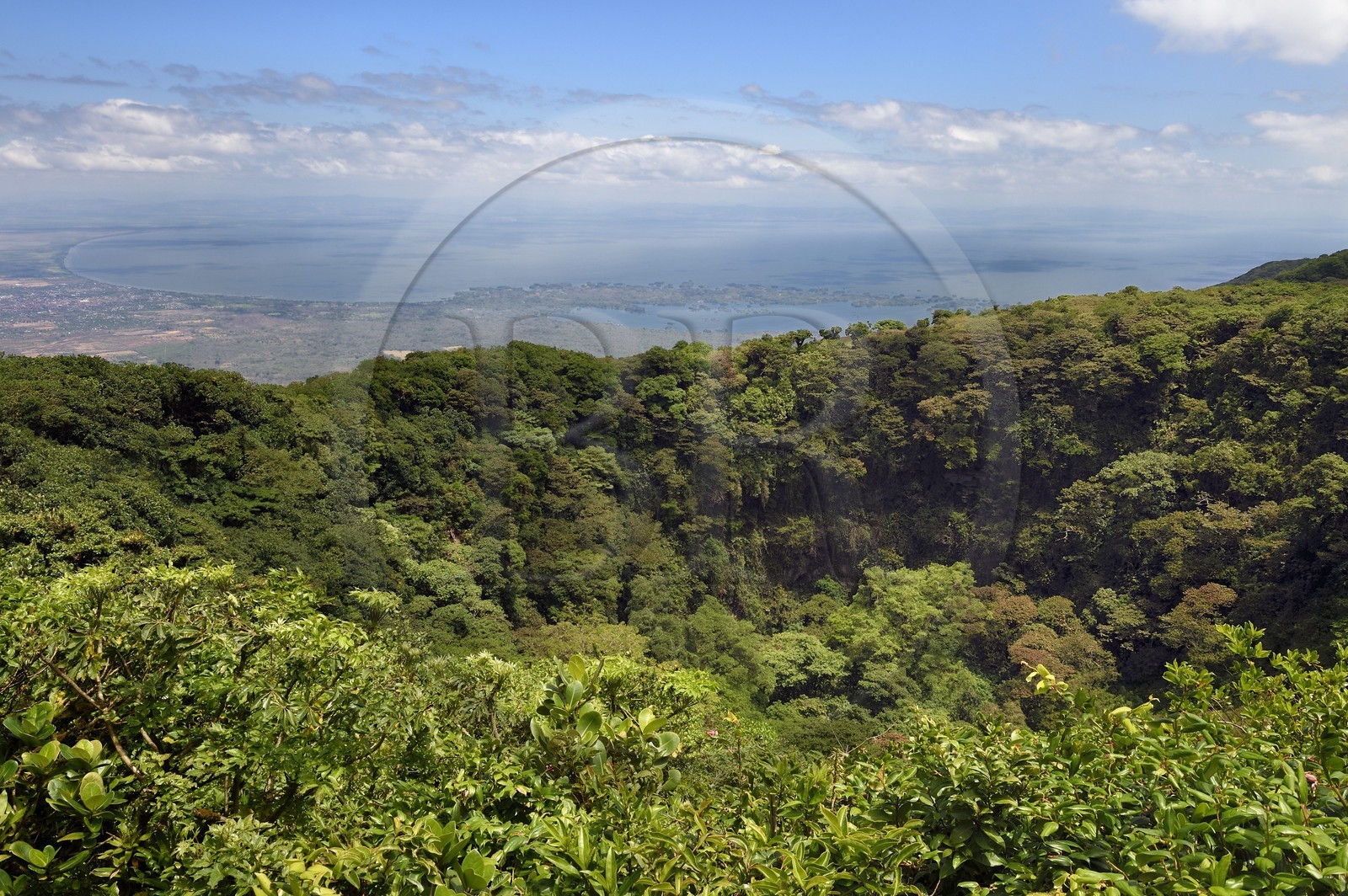 Nicaragua, département de Granada, Réserve naturelle du volcan Mombacho, vue sur le cratère principal et Las Isletas de Granada dans le lac Nicaragua en arrière plan