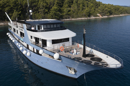 Croatia, Dalmatia, Dalmatian coast, anchoring of a cruise ship in the Skoji archipelago on the edge of Korcula Island (aerial view)