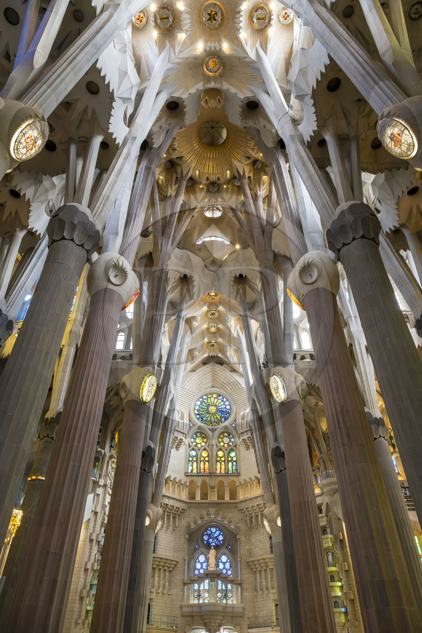 Espagne, Catalogne, Barcelone, quartier de l'Eixample, basilique de la Sagrada Familia de l'architecte du modernisme catalan Antoni Gaudi classée Patrimoine Mondial de l'UNESCO, l'intérieur de la facade de la Nativité dédié à St Joseph et la voute du transept