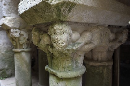 France, Dordogne, Périgord Noir, the Auvezere Valley, Tourtoirac, former Abbey of Saint-Pierre-es-Liens, remains of the capitals in the chapter house