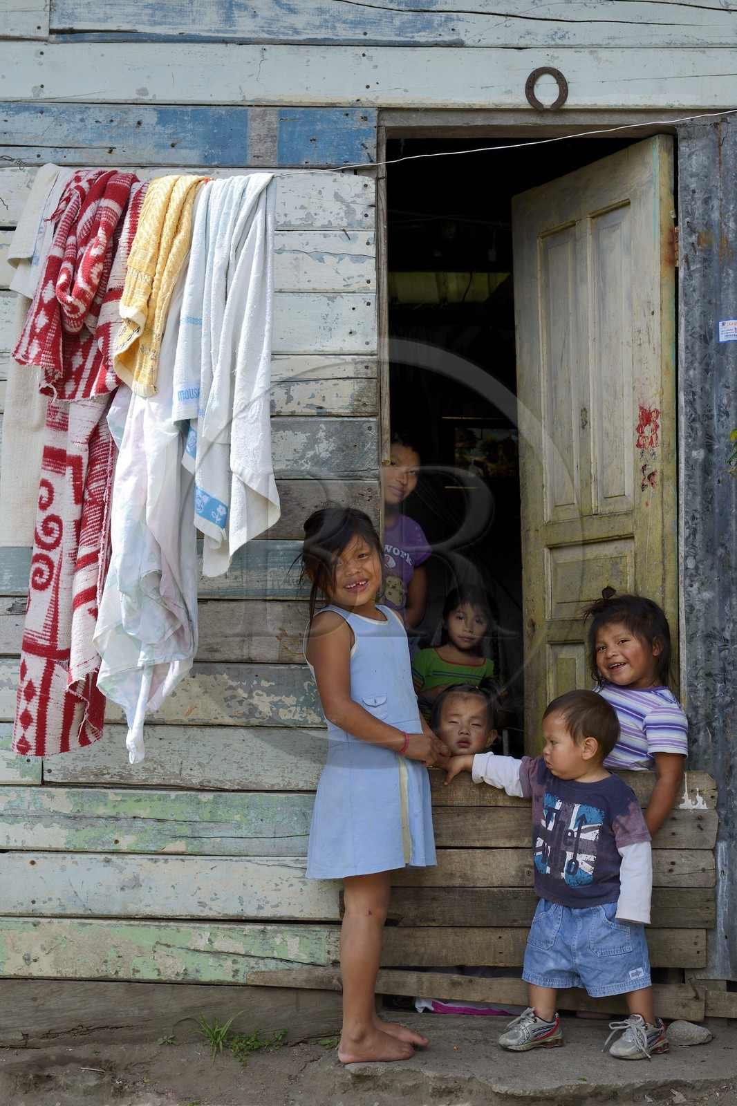 Panama, province de Chiriqui, petite ville de Volcan, famille amérindienne Nägbe devant leur maison