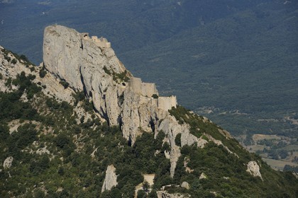 France, Aude, Peyrepertuse, the ruins of Cathar castle built in XIIth century (aerial view)