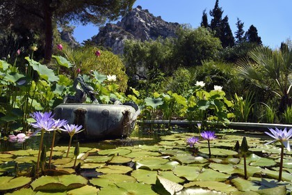 France, Alpes-Maritimes (06), Menton, quartier de Garavan, le jardin de Maria Serena, le bassin de la Fontaine au Dragon (ancienne fontaine japonaise qui a appartenue à un shogun)