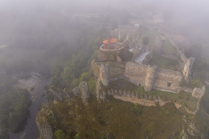 France, Haute Loire, Loire river Valley, Arlempdes, labelized the Most Beautiful Villages of France, ruins of the castle perched on a basalt rock (volcanic dyke) overlooking a Loire river meander (aerial view)
