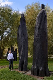 France, Marne, Beaumont-sur-Vesle, the sculptor Christian Lapie surrounded by his sculptures in his external workshop
