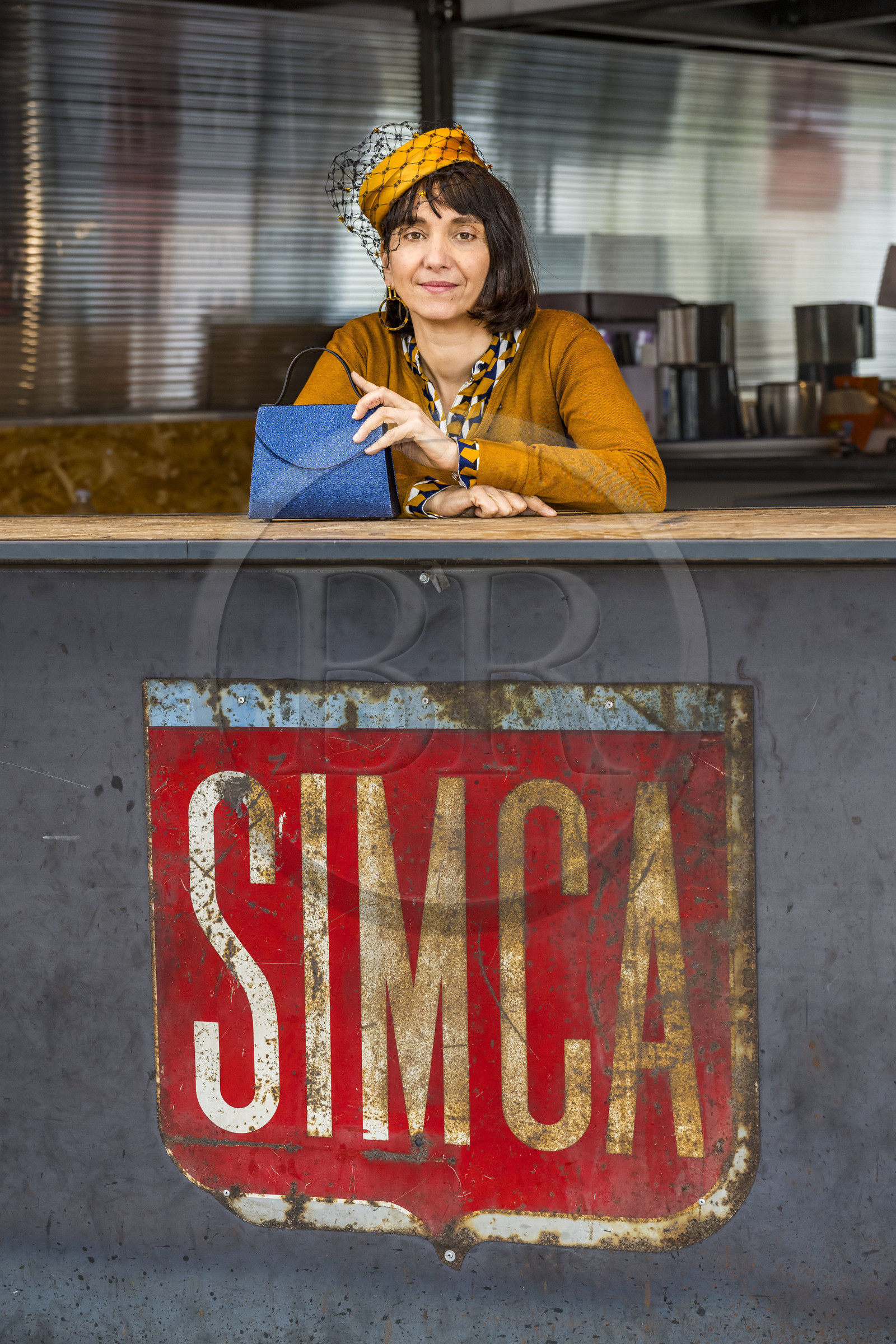 France, Loire-Atlantique, Saint-Nazaire, the shared workspace Le Garage, a lively place welcoming 13 workshops-boutique and artisans in the field of artisanal, artistic and digital creation, Duo Bag and Hat, milliner Nelly Bichet