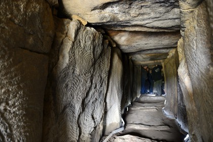 France, Morbihan, Gavrinis Cairn dated 3500 BC, decorated slabs from the Gavrinis passage