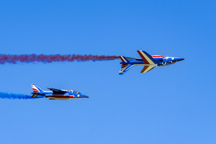 France, Bouches du Rhone, Salon de Provence, air base 701, base of the Patrouille de France (PAF for Patrouille acrobatique de France) of the French Air and Space Force, Alphajet aircraft during a training flight