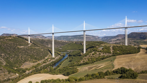 France, Aveyron, Grands Causses regional natural park, Millau, the Millau viaduct by architects Michel Virlogeux and Norman Foster, between the Causse du Larzac and the Causse de Sauveterre above the Tarn river (aerial view)