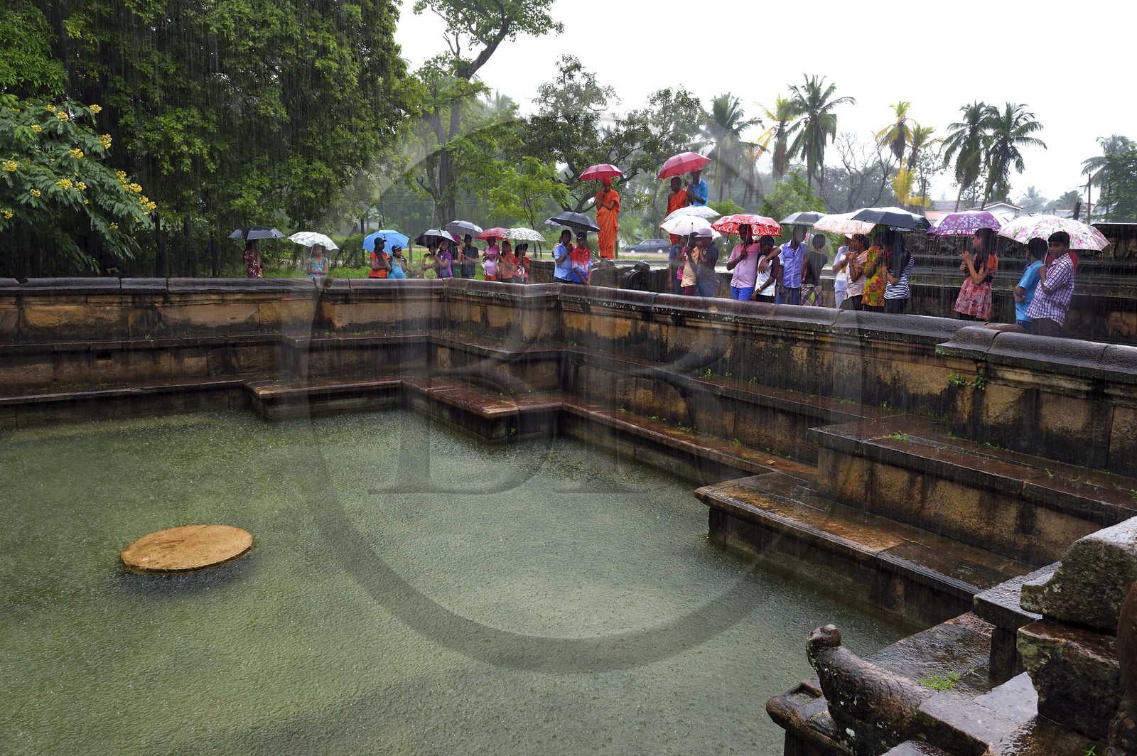 Sri Lanka, province du Centre-Nord, Polonnaruwa, l'ancienne capital du pays (XIe au XIIIe siècle) est classée au Patrimoine Mondial de l'UNESCO, Palais Royal, le bain du Prince (Kumara Pokuna), visite commentée par un moine bouddhiste