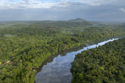 France, French Guiana, Kourou, Camp Maripas, the Kourou River flowing through the rainforest and Monkey Mountain (161 meters altitude) in the background (aerial view)