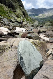 France, Alpes-Maritimes, parc national du Mercantour (Mercantour National Park), the Vallee des Merveilles (Valley of Wonders) scattered with thousands of rupestral engravings of the Bronze Age, molding of the engraved rock called the Headman the original of which was moved to the Merveilles Departmental Museum in Tende