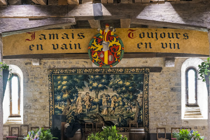 France, Cote d'Or, cultural Landscape of the climates of Burgundy listed as World Heritage by UNESCO, Route des Grands Crus (road of Vintage Wines), vineyard of the Côte de Nuits, Vougeot, the Chateau of Clos de Vougeot, the Grand Cellier and headquarters of the Brotherhood of the Knights of Tastevin (Confrerie des Chevaliers du Tastevin), motto Jamais en vain Toujours en vin in the banquet hall