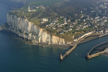 France, Seine-Maritime, Pays de Caux, Cote d'Albatre, Fecamp overlooked by Notre Dame du Salut in Cap Fagnet (aerial view)