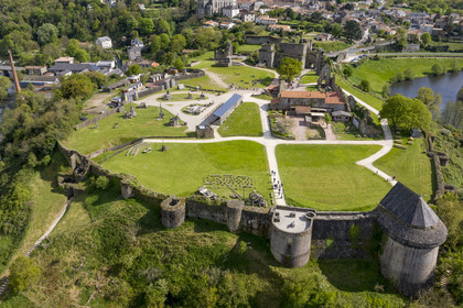 France, Vendee, Tiffauges, the castle of Tiffauges, ancient castle in ruins where Gilles de Rais resided and specialized in medieval war machines (aerial view)