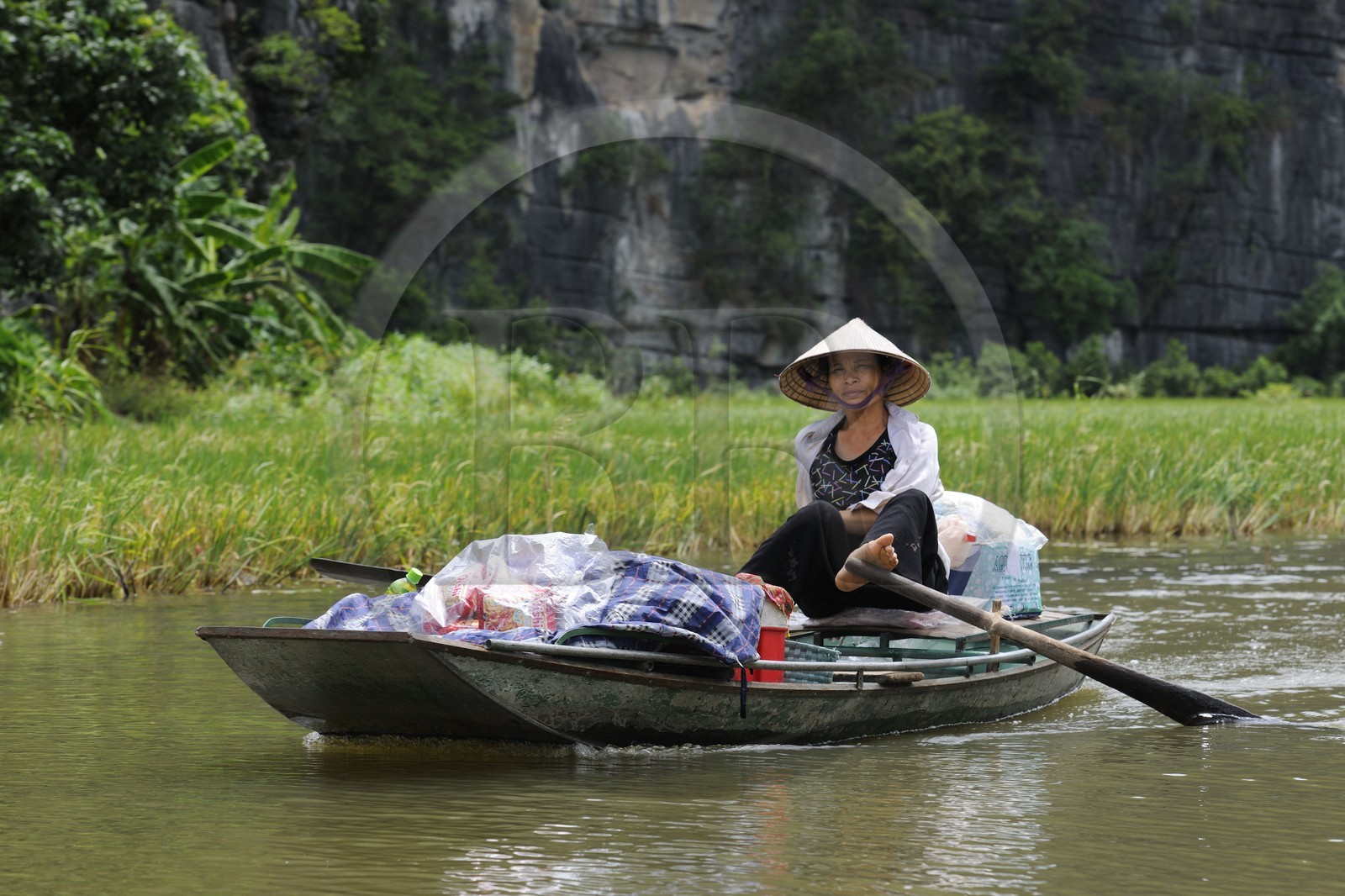 Vietnam, province de Ninh Binh, région surnommée la baie d'Halong terrestre, excursion en barque à Tam Coc entouré de montagnes karstiques, vendeuse ambulante