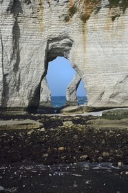 France, Seine-Maritime (76), Pays de Caux, Côte d'Albâtre, Etretat, la Manneporte vue depuis la pointe de la Courtine à marée basse