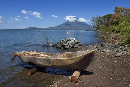 Nicaragua, Ometepe Island in Lake Nicaragua, village of Merida, egret taking off over a canoe and the Conception volcano (1610 m) in the background