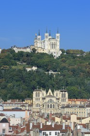 France, Rhone, Lyon, historical site listed as World Heritage by UNESCO, Saint Jean Cathedral (Saint John's Cathedral) in the Vieux Lyon (Old Town) overlooked by Notre Dame de Fourviere basilica