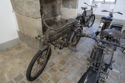 France, Cote d'Or, Climats terroirs of Burgundy listed as World Heritage by UNESCO, Côte de Beaune, Savigny-les-Beaune, the castle with museums and collections of fighter planes, Abarth racing cars, motorcycles, straddle tractors, models, fire trucks, French motorcycle Rupta model 12 from 1912 belonging to Jean Mermoz