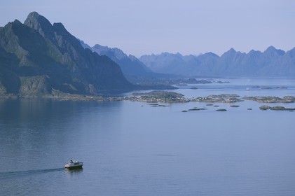 Norway, Nordland County, Lofoten Islands, the Coastal Express (Hurtigruten) (aerial view)