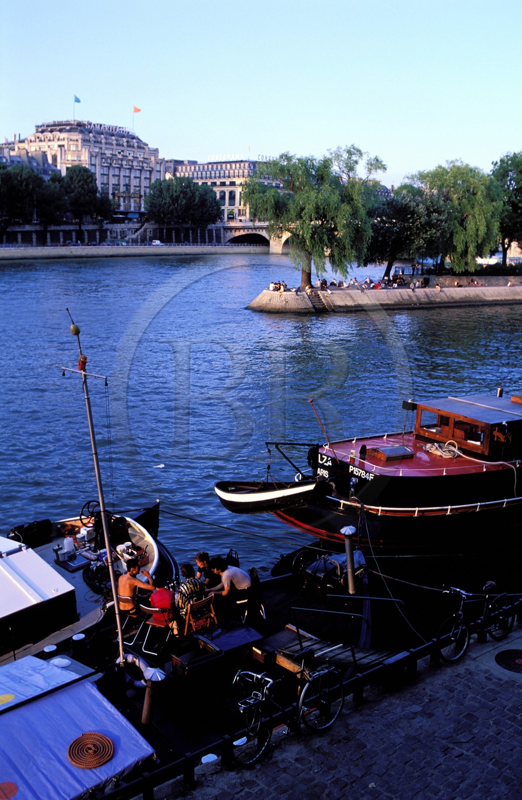 France, Paris, banks of the Seine river listed as World Heritage by UNESCO, lunch on a barge in front of the point of the île de la Cite