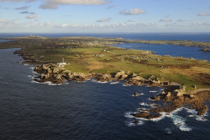 France, Finistere, the regional natural park of Armorica, Iroise sea, Ouessant island, Biosphere reserve (UNESCO), Creach Lighthouse and the West coast (aerial view)
