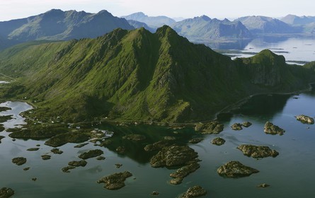Norway, Nordland County, Lofoten Islands, Vestvagoy island (aerial view)