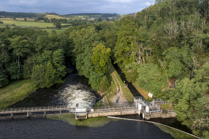 France, Nievre, Regional Natural Park of Morvan, compensation basin of Lake Pannecière where the Rigole d’Yonne begins, supplying water to the Nivernais Canal (aerial view)