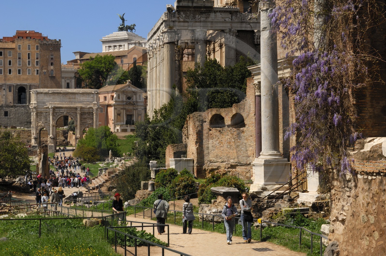 Italie, Latium, Rome, centre historique classé Patrimoine Mondial de l'UNESCO, le forum Romain, la Via Sacra (voie sacrée) et l'Arc de triomphe de Septime Sévère (Septimius Severus)
