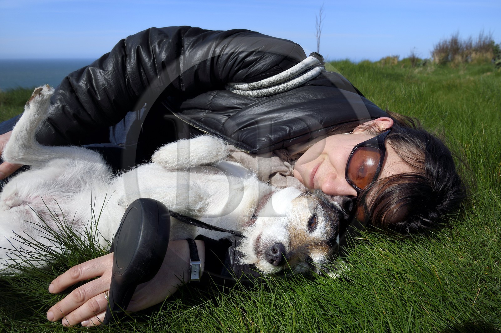 France, Seine-Maritime (76), Pays de Caux, Côte d'Albâtre, Etretat, chien et sa maitresse