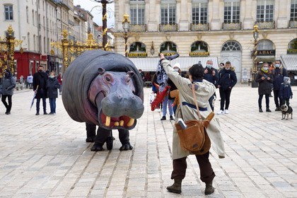 France, Meurthe-et-Moselle, Nancy, place Stanislas (former Place Royale) during the feast of Saint-Nicolas, listed as World Heritage by UNESCO, Nellie the Hippo from Teatro Pavana company performs