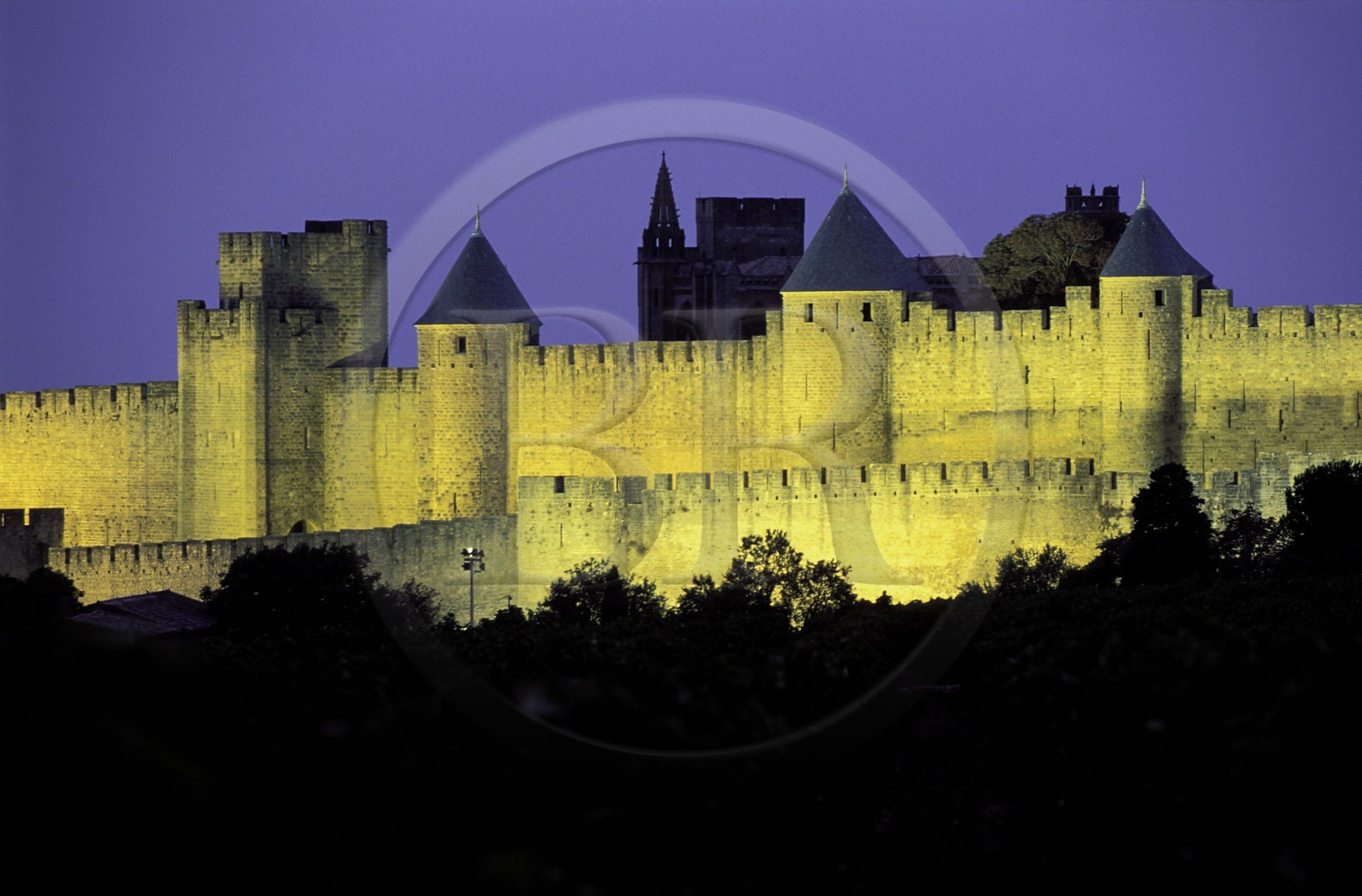 France, Aude (11), les remparts de la cité de Carcassonne la nuit